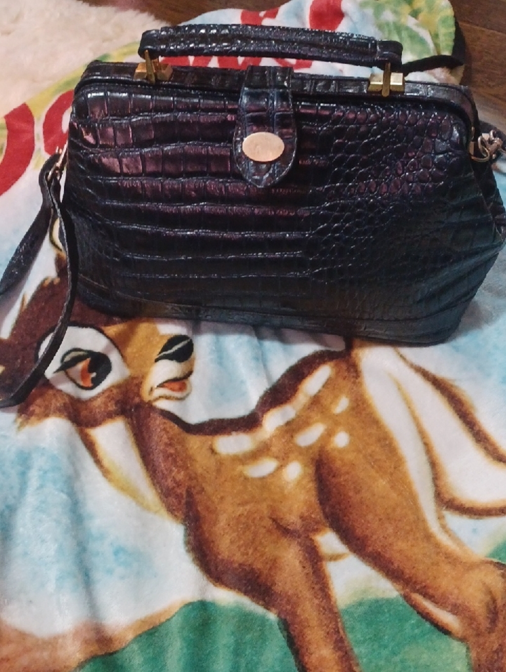 VINTAGE Navy Blue Croc-Embossed LeatherTop-Handle Women's Bag